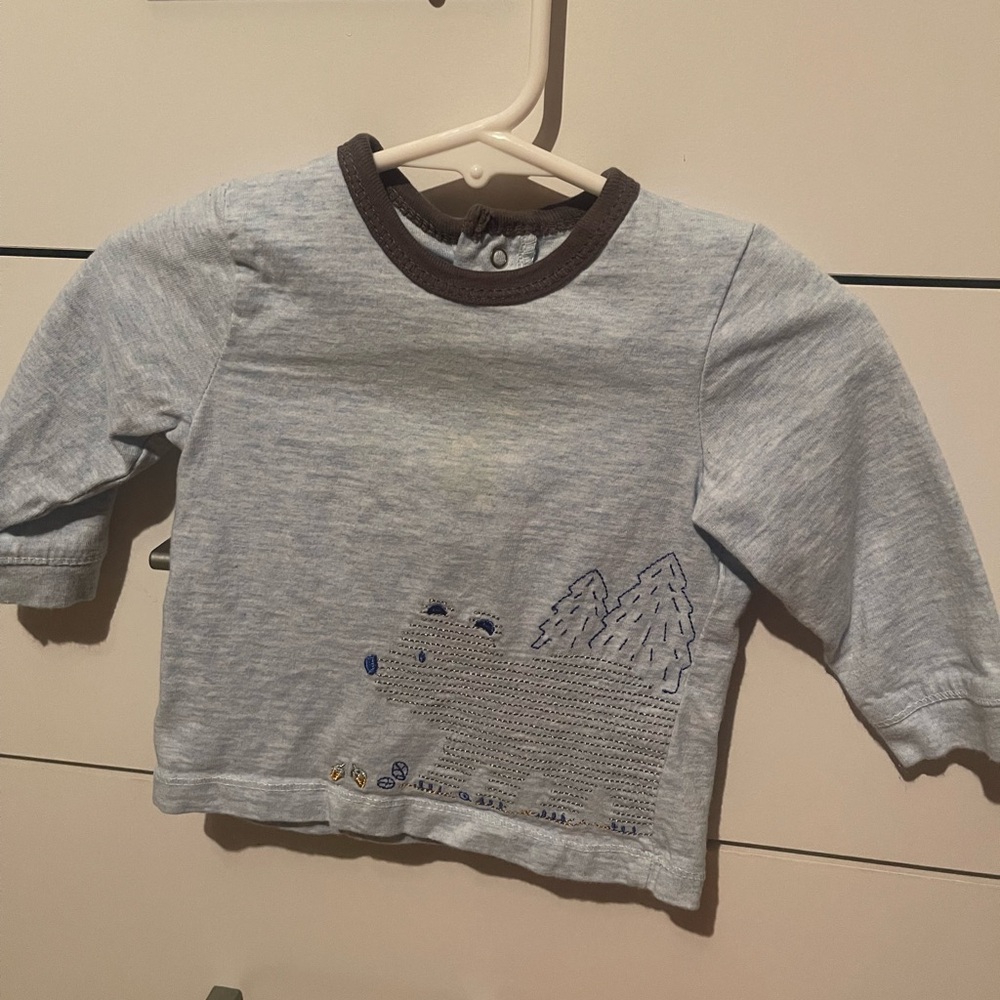 Little Me Light Blue Long Sleeve Shirt with Bear and Tree Design
